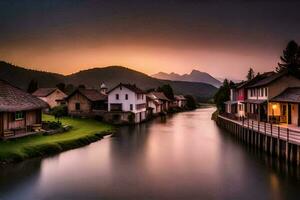 ein Fluss läuft durch ein Dorf beim Sonnenuntergang. KI-generiert foto