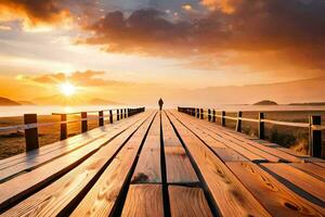 ein Mann Stehen auf ein hölzern Brücke beim Sonnenuntergang. KI-generiert foto