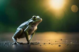 ein Frosch ist Stehen auf das Boden mit das Sonne im das Hintergrund. KI-generiert foto