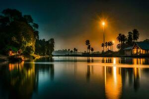 ein Fluss beim Nacht mit Palme Bäume und ein Licht. KI-generiert foto