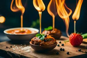 Essen Sein gekocht auf ein hölzern Tafel mit Flammen. KI-generiert foto