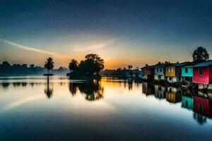 ein schön Sonnenuntergang Über ein See mit bunt Häuser. KI-generiert foto
