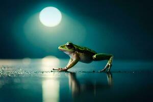 ein Frosch ist Stehen auf das Boden im Vorderseite von ein voll Mond. KI-generiert foto