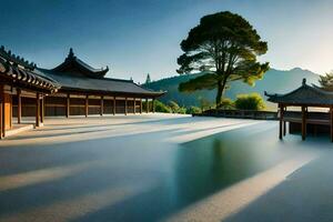 ein Chinesisch Stil Gebäude mit ein Teich im das Mitte. KI-generiert foto