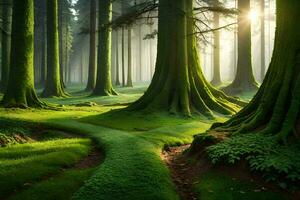 ein Wald mit Grün Bäume und Gras. KI-generiert foto