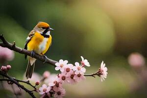 ein Vogel sitzt auf ein Ast mit Rosa Blumen. KI-generiert foto