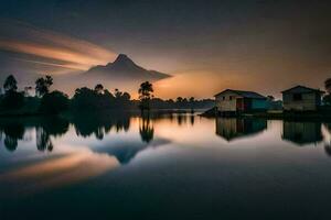 ein See mit ein Berg im das Hintergrund. KI-generiert foto