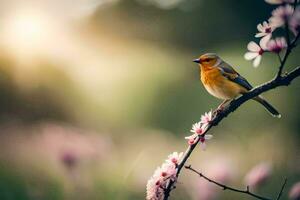 ein Vogel ist thront auf ein Ast mit Rosa Blumen. KI-generiert foto