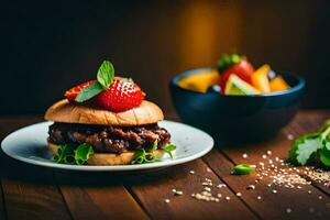 ein Hamburger mit Erdbeeren und ein Schüssel von Frucht. KI-generiert foto