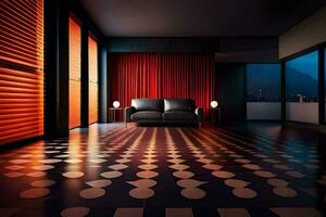 ein Leben Zimmer mit ein schwarz Couch und rot Vorhänge. KI-generiert foto