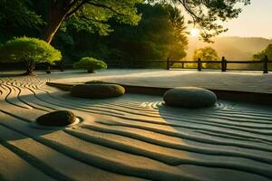 ein japanisch Garten mit Felsen und Bäume. KI-generiert foto