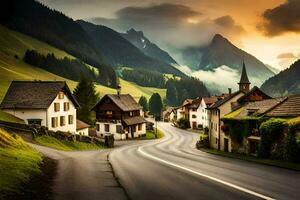 Foto Hintergrund das Himmel, Berge, Straße, Häuser, Dorf, Sonnenuntergang, Straße, Straße,. KI-generiert