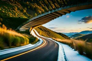 ein lange Exposition Foto von ein Straße unter ein Brücke. KI-generiert