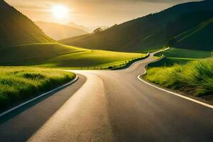 ein Wicklung Straße im das Berge mit das Sonne Einstellung. KI-generiert foto