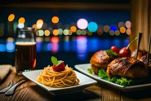 Essen und trinken auf das Tisch. KI-generiert foto