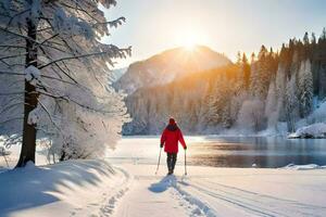 ein Person ist Gehen auf Ski über ein schneebedeckt Feld. KI-generiert foto