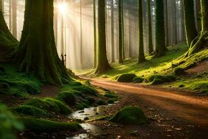 ein Schmutz Straße im ein Grün Wald mit Bäume. KI-generiert foto