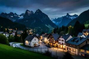 ein Stadt, Dorf im das Berge beim Nacht. KI-generiert foto