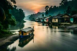 ein Boot ist schwebend Nieder ein Fluss beim Sonnenuntergang. KI-generiert foto