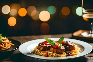 ein Teller von Spaghetti mit Fleischklößchen und Soße auf ein hölzern Tisch. KI-generiert foto