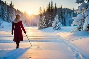 ein Frau im ein rot Mantel ist Gehen durch das Schnee. KI-generiert foto