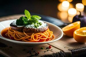 ein Teller von Spaghetti mit Fleisch und Gemüse. KI-generiert foto