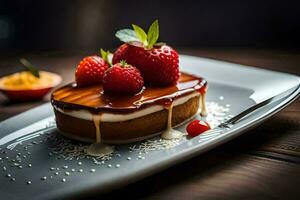 ein Dessert mit Erdbeeren und Sahne auf ein Platte. KI-generiert foto