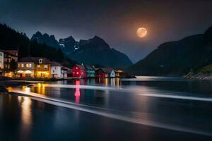 ein voll Mond steigt an Über ein Stadt, Dorf auf das Ufer von ein See. KI-generiert foto