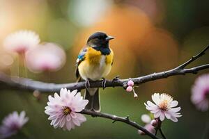 ein Vogel sitzt auf ein Ast mit Blumen im das Hintergrund. KI-generiert foto