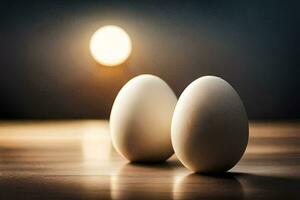 zwei Weiß Eier auf ein Tabelle im Vorderseite von ein Licht. KI-generiert foto