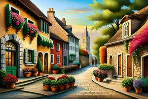 ein Illustration von ein Straße mit Blumen und Häuser. KI-generiert foto