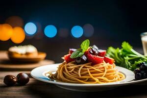 Spaghetti mit Beeren und Gemüse auf ein Platte. KI-generiert foto