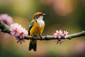 ein Vogel Sitzung auf ein Ast mit Rosa Blumen. KI-generiert foto