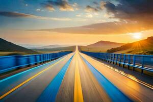 ein lange Brücke mit Blau Linien und das Sonne Einstellung. KI-generiert foto