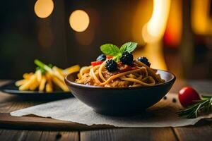 Spaghetti mit Brombeeren und Tomaten im ein Schüssel. KI-generiert foto