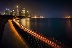 das Stadt Horizont beim Nacht mit Beleuchtung auf das Wasser. KI-generiert foto