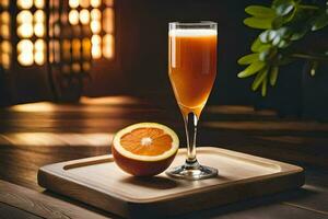 ein Glas von Orange Saft auf ein hölzern Tablett. KI-generiert foto