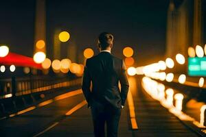 ein Mann im ein passen Stehen auf ein Brücke beim Nacht. KI-generiert foto