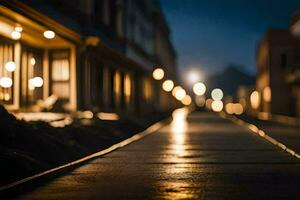 ein lang, leeren Straße beim Nacht mit Beleuchtung An. KI-generiert foto
