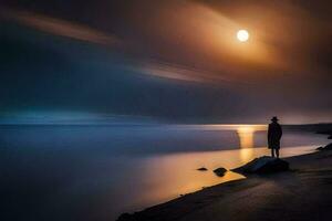 ein Mann steht auf das Strand beim Nacht mit ein voll Mond im das Hintergrund. KI-generiert foto