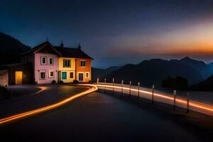 ein Haus mit Licht Wanderwege im das Hintergrund. KI-generiert foto