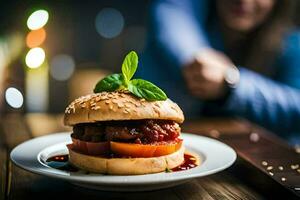 ein Hamburger mit Tomate und Grüner Salat auf ein Weiß Platte. KI-generiert foto