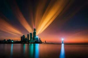 das Stadt Horizont beim Nacht mit Licht Wanderwege. KI-generiert foto