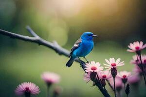 ein Blau Vogel ist thront auf ein Ast von Rosa Blumen. KI-generiert foto