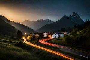 ein lange Exposition Foto von ein Straße im das Berge. KI-generiert