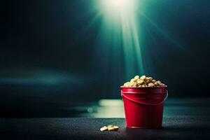 ein Eimer von Popcorn auf ein Tabelle mit ein Licht leuchtenden auf Es. KI-generiert foto