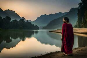 ein Frau im rot Kleid Stehen durch das Wasser beim Sonnenuntergang. KI-generiert foto