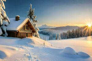 ein Kabine im das Schnee mit das Sonne Einstellung. KI-generiert foto