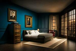 ein Schlafzimmer mit Blau Wände und ein Bett. KI-generiert foto