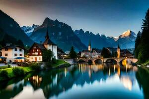 Foto Hintergrund Berge, Wasser, Stadt, Brücke, Fluss, See, Haus, Haus, Haus. KI-generiert